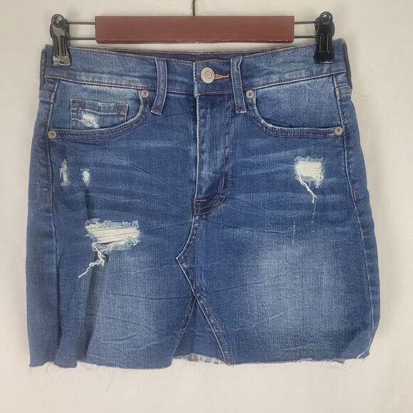 Aero Denim Mini Skirt Womens 0 Blue Jean‎ High Rise Pockets Distressed - Picture 1 of 15